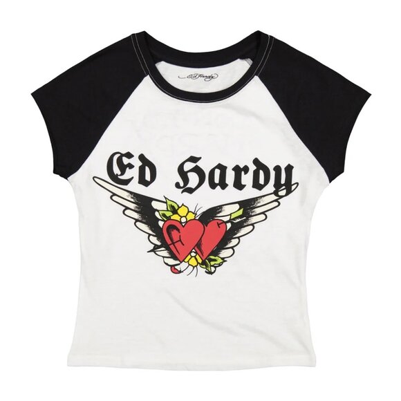 Ed Hardy Tops - Ed Hardy Heart Wings Raglan Cap Sleeve Tee - EHW1112-1 (Black/White)